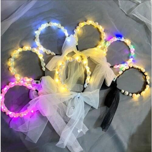 Light Up Beaded Pearl Headband LED Hairband Party Glowing Hair Hoop Headwear Tiara Headpieces with Veil 50pcs/lot