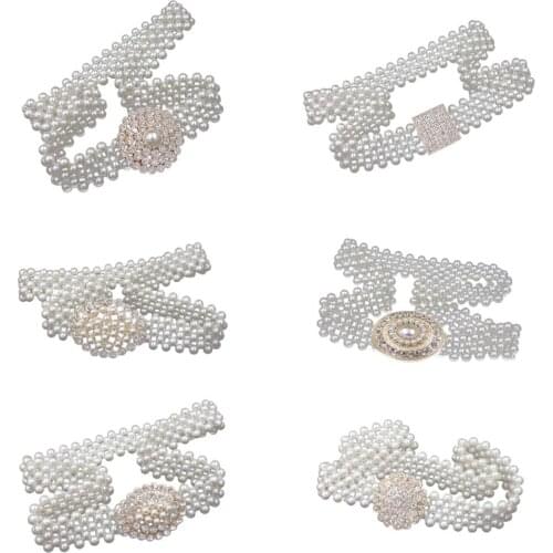 Women Bridal Imitation Pearl Stretch Waist Belt Chain With Rhinestone Buckle Wedding Dress Gown Decorative Jewelry Cummerbunds