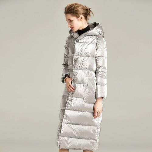 Winter Fashion Shiny Silver Fluffy Warm Natural Duck Down Coats Female Hooded Collar Down Parkas Longer Warm Down Coat F2316