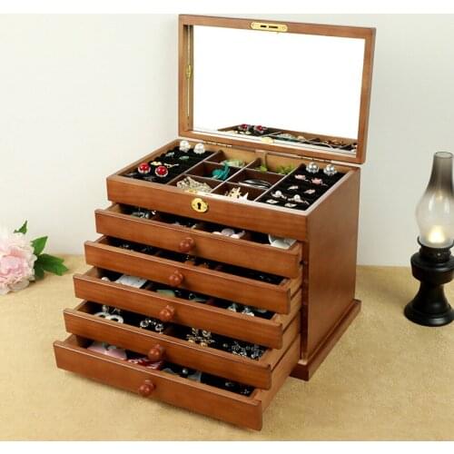 6-Layer Solid Wood Jewelry Box Multi-Layer Craft Wooden Storage Vintage Display European Style Storage Box Gift Novelty
