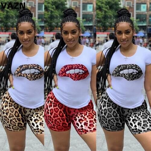 VAZN QYBX5130 New Plus Size Sexy Young Lady Of Note Mature Office Short Sleeve Leopard Elastic Women 2 Piece Set