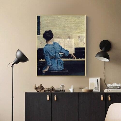 Vintage Play Piano Girls Canvas Painting Figure Pop Posters and Prints Cuadros Wall Art Pictures for Living Room Home Decoration