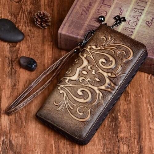 New Genuine Leather Women Long Purse Wallet Embossed Vintage ID/Credit Cards Handy Bag Multi-Functional Female Wrist Clutch Bags