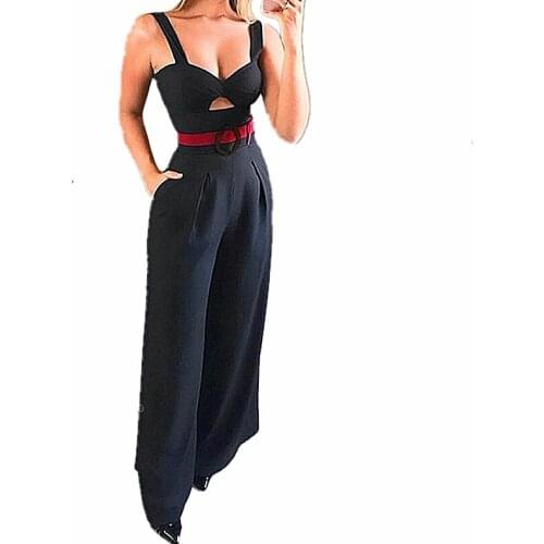 2019 New Fashion Playsuits Summer Women Sexy Bodysuits Romper With Belted Cut Out Twist Front Ladies Wide Leg Jumpsuit