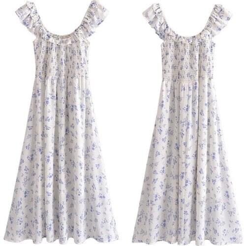 2021 Summer New Fashion Print Long Dress Za Female Casual Butterfly Sleeve Square Collar Slim Waist Chic Dress for Women