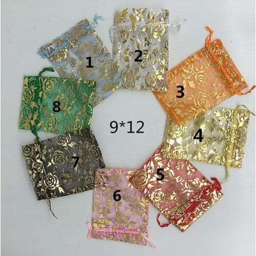100pcs 9X12cm Flower Print Mix Colors Organza Drawstring Bag Colorful Organza Bag For Gift Packaging For Party Wedding Gift Bags