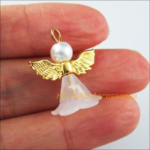 15Pcs Gold Color Wings Dancing White Angel Charms Pendants 21.5x24mm