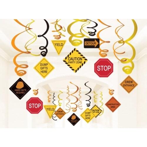 30pcs Cartoon Car Foil Spirals Hanging Swirls Kids Birthday Party Decorations PVC Construction Warning Slogan Spiral Ornaments