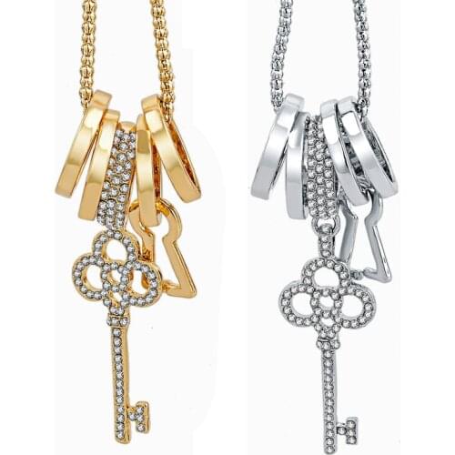 Free Shipping Long Strip Key Crystal Pendants Necklaces Jewelry Gold Color Chain Necklace Pendants Collier Femme SNE160009