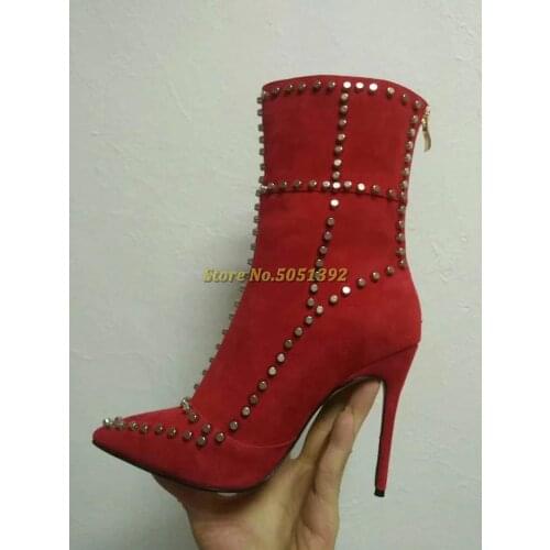 Rivet Thin High Heel Booties Zipper Suede Red Black Green Custom Made Ankle Boots Runway Dress Winter Autumn Casual Shoes Ladies