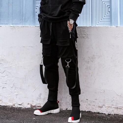 Men many pockets ribbons design punk rock hip hop cargo pants nightclub DJ singer stage joggers hiphop streetwear harem pants
