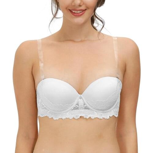 Big Size Women Bra Sexy Padded Push Up Gather Bras Lingerie White Lace Low Halter Strapless Anti-slip EU US CA UK standard