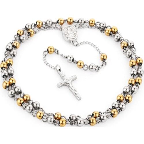 Stainless Steel Rosary Beads Jesus Pendant Necklace Catholic Gold Silver Color Long Chain Cross Necklace for Women Jewelry Gifts