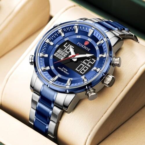 Men Watch FOXBOX Top Luxury Brand Dual display Sports Watches For Mens Alarm Clock Quartz Wristwatch Relogio Masculino New + Box