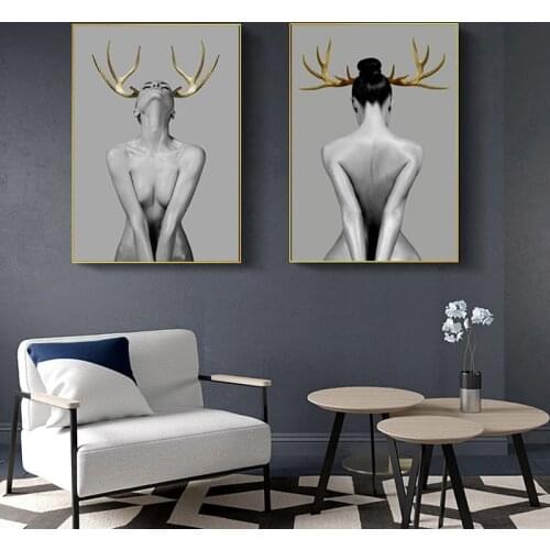 Golden Antlers Girls Canvas Painting Nude Woman Posters and Prints Nordic Wall Art Pictures for Living Room Modern Decor Murals