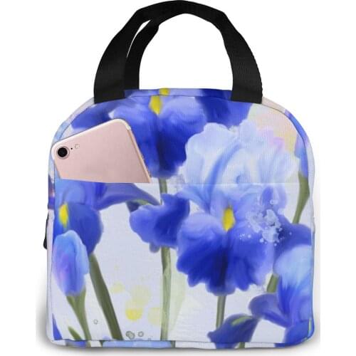 Watercolor Blue Iris Lunch Food Box Bag Fashion Insulated Thermal Food Picnic Lunch Bag for Women kids Men Cooler Tote Bag