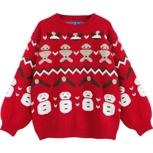 Harajuku Fashion Cute Cartoon Christmas Snowman Sweater Women Retro Jacquard Pattern Thick Warm Knitted Sweater Autumn Winter