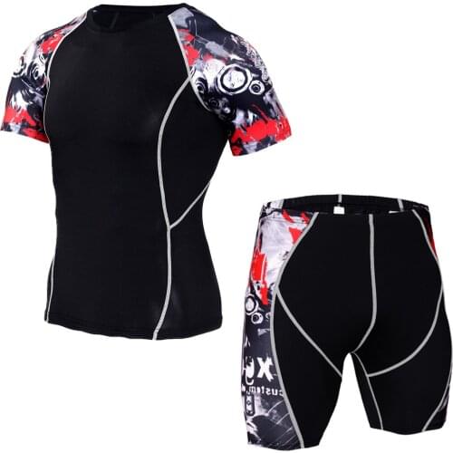 52# Mens Sets Mens Tight Elastic Quick-drying Fitness T-shirt Short Sleeve Shorts Set Outdoor Running Sports Tracksuit