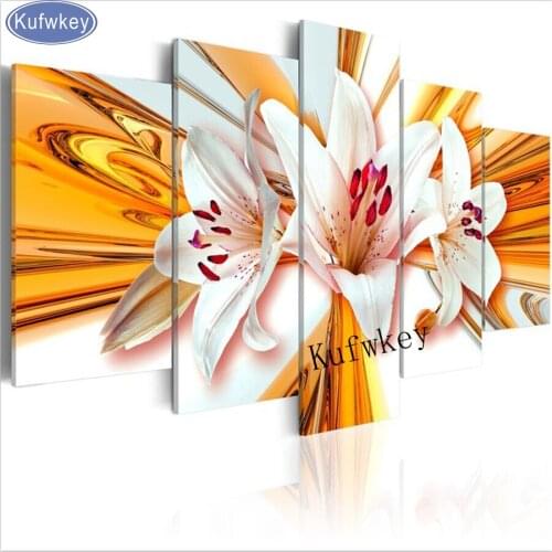 Kufwkey"white lily"pictures 5d diy diamond Painting Cross Stitch,Full square embroidery diamond mosaic Wall Stickers 5pcs