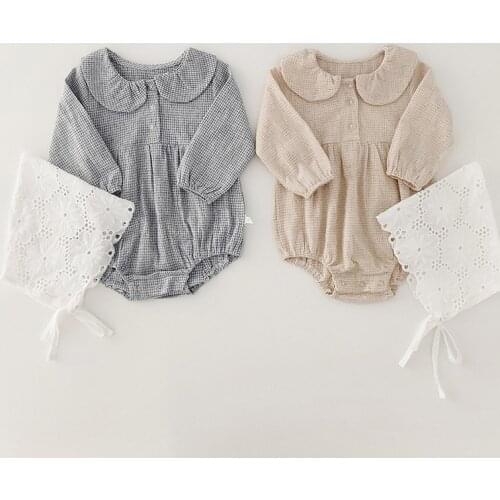 New Infant Girls Bodysuits Baby Cotton Turn-down Collar Clothes Baby Grid Clothes Baby Bodysuit and Hat Set Baby Girl Bodysuits