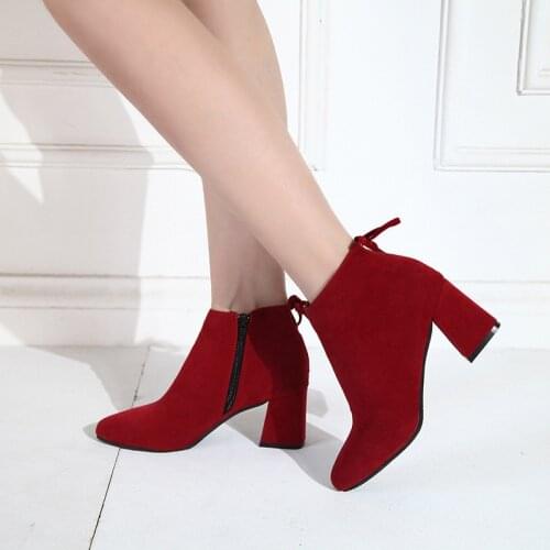 New Winter Warm Women Slip On Zipper Solid Fashion Flock Casual Pointed Toe High Square Ankle Boots Short Plush Riding