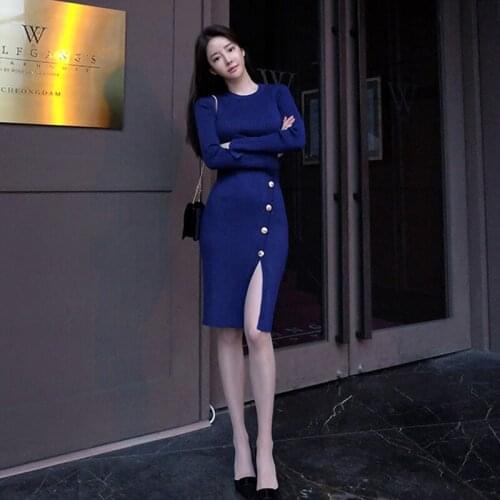 Long Sleeve O Neck Sweater Dress Women Midi Bodycon Vestidos Mujer Autumn Winter Ribbed Robe Femme Casual Girl Dresses