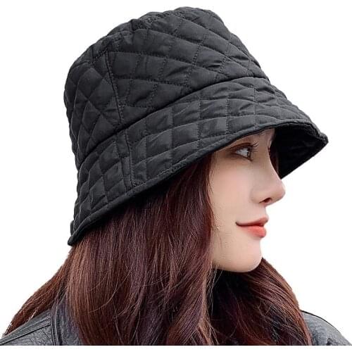 Sparsil Women Autumn Winter Foldable Bucket Hats Solid Lattice Silk Wadding Caps Keep Warm Prevent Cold Basin Fisherman Hat