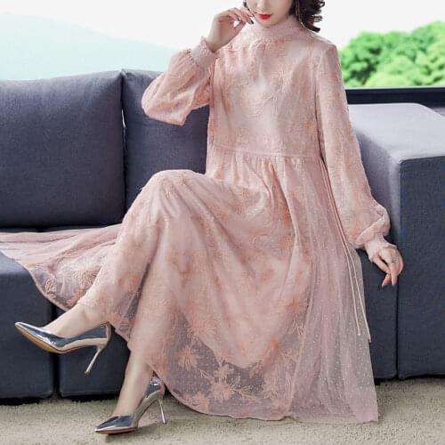 Light Luxury Fashion Chinese Style Dress Women Autumn Winter Thickening Stand Collar Embroidery Qipao Long Dress For Party y1386