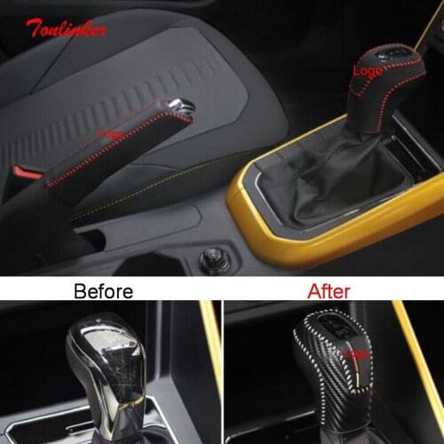 Tonlinker Interior Gear Head/Handbrake Cover Case Sticker for Volkswagen POLO 2019 Car Styling 1 PCS PU Leather Cover Sticker