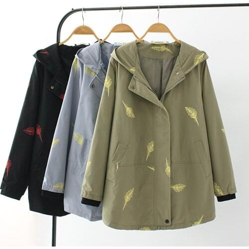 Oversized Feather Print Hooded Trench Coat Women Loose Casual Top Mother Windbreaker Threaded Cuffs Outerwear Plus Size 3XL 4XL
