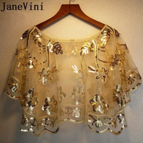 JaneVini Bling Sequins Women Bolero Wraps Wedding Party Dress Gold Short Cape Shrug Bridal Tulle Black Stoles Bolero Bambina