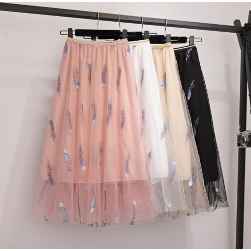 2021 Summer New Simple Pink Elastic High Waist Thin Feather Long Skirt Casual All-match Women A-line Mesh Skirt Free Shipping