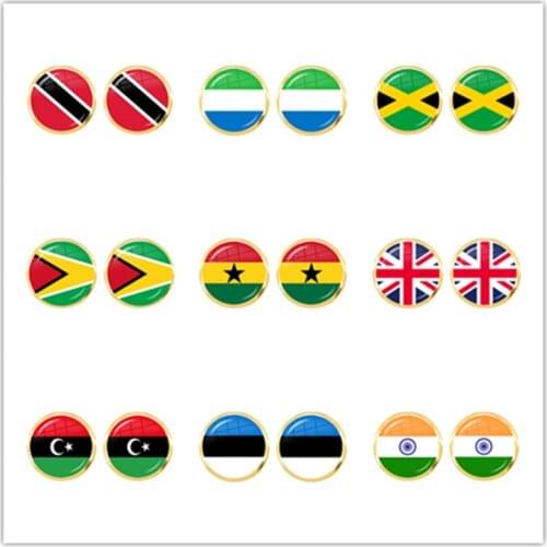 National Flag 12mm Stud Earrings Trinidad,Sierra leone,Jamaica,Guyana,Ghana,UK,Libya,Estonia,India Glass Jewelry For Women Girls