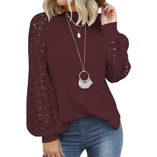 2021 Winter Lace Sleeve Breathable Long Sleeve Top Womens O-neck Long-sleeved Lace Stitching Loose Tops Solid Sweatershirt