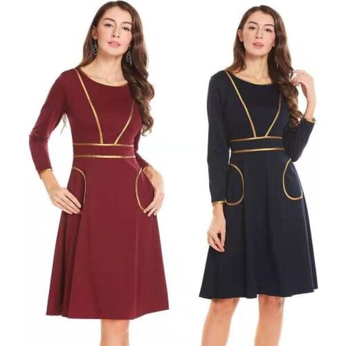 COLDKER women long sleeves dress solid pattern round neck cloth for female woman fomal clothing office ladies dress