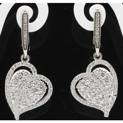 35x17mm Classic Heart Shape White Bright Cubic Zircon For Ladies Bride Wedding Daily Wear Silver Earrings