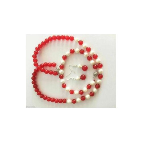 7-8mm White Cultured Pearl/Red Jade Gem Necklace Earrings Bracelet Set