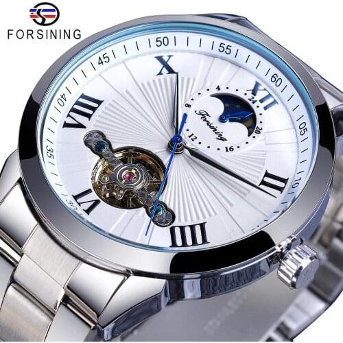 Forsining Classic Silver Tourbillon Automatic Mechanical Watch Men Roman Numeral Moonphase Clock Male Stainless Steel Wristwatch