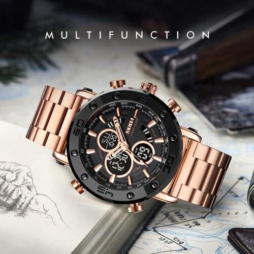 SKMEI 1636 Dress Men Digital Watch Waterproof Stopwatch Luminous Luxury Steel Strap WristWatch Male Casual Clock reloj hombre