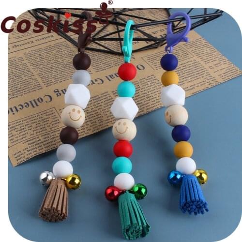 Coskiss Colorful Wood Beads Tassel Keychain Smile Face Flower Key Ring For Women Handmade Friendship Summer Jewerly Gifts