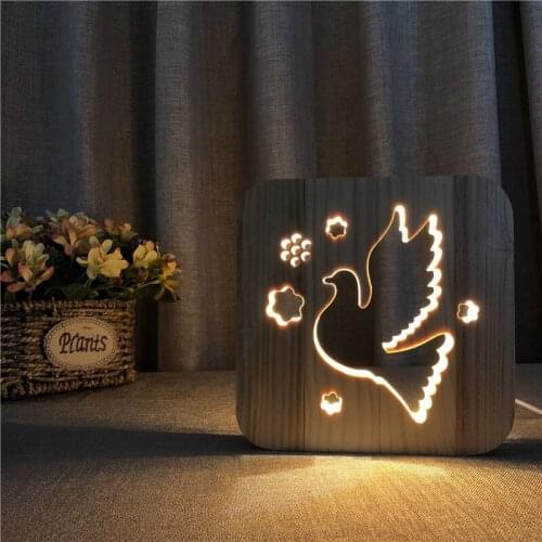 Peace Dove Modeling 3d Wooden Table Lamp USB Power Hollow Out Carving LED Night Light for Home Living Room Decoration