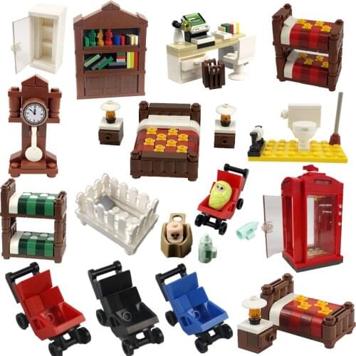 City Family Furniture Set Desk Bed Baby Carriage Bookshelf Model Moc Accessories Toys For Children Building Blocks Creator Brick