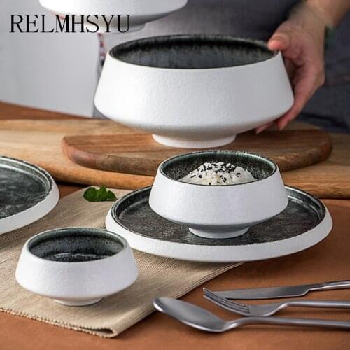 1PC RELMHSYU Japanese Style Ceramic Rice Dessert Salad Noodle Dinner Bowl Large Round Steak Food Plate Dish Household Tableware