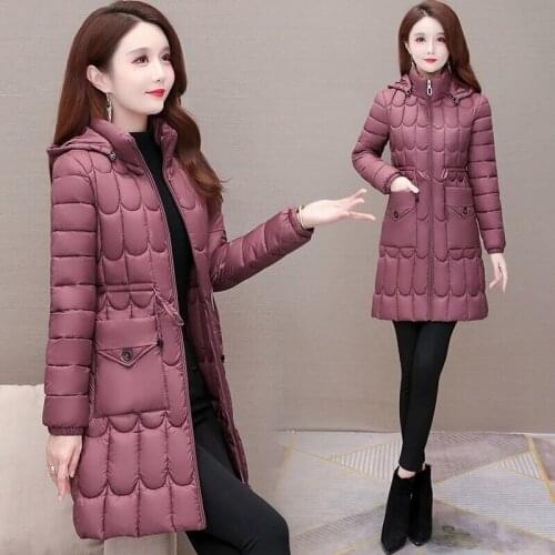Women Winter Clothes Hooded Warm Coat Slim Solid Color Cotton Padded Basic Jacket Female Medium-long Jaqueta Feminina X690