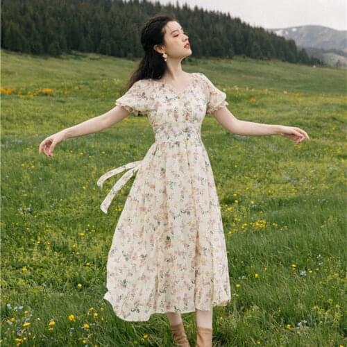 Summer Print Floral Lady Dress Cottagecore Vintage Puff Sleeve V-Neck Romantic Dresses For Slim Women Robe Fleurie Femme Vestido