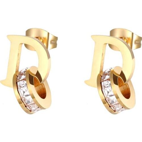 New beautiful D Letter Circle Crystal Stud Earring Stainless Steel High Quality Jewelry Brand Earring Love Gift wholesale