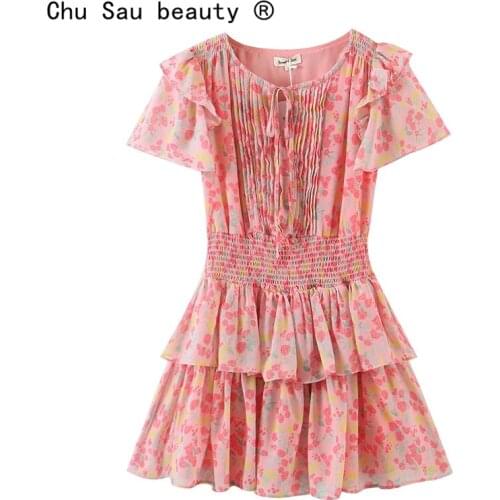 New Fashion Sweet Chic Floral Printed Chiffon Mini Dress Women Summer Holiday Style O-neck Layered Dresses Female Vestidos