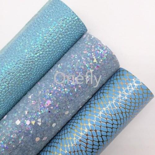 Onefly 21X29CM Blue Chunky Glitter Fabirc, Embossed Synthetic Leather Fabric Sheets For Bow DIY handbags shoes AQ046
