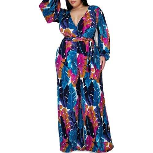 Plus Size Jumpsuit Women Wholesale Holiday Beach Romper Sexy Print Ditsy Floral with Belt Wide Leg One Piece Outfits Dropshpping