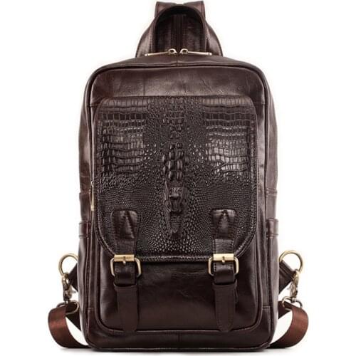 Retro Crocodile Pattern Genuine Leather Men Travel backpack Crossbody Bag Male Shoulder Bag mens Chest bag Fashion Rucksack